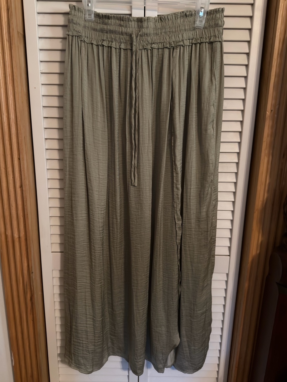 NEW:Light Olive Green Silky Maxi Skirt with Smocked Waist